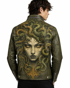 Chaqueta de Cuero Verde Oliva Personalizada al por Mayor para Hombre, Estilo Motero, con Gráfico de Medusa, Estampado Punk Rock, Chaqueta Moto con Medallón Grabado, Prenda Exterior - Product Image 5