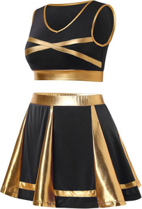 Ensemble uniforme de pom-pom girl noir et or avec coutures contrastées, fermetures éclair, séchage rapide, haut court sans manches, taille haute, en Spandex et Polyester unis - Product Image 4