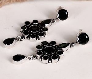 Black Onyx Oxidized Silver Bohemian Flower Drop Earrings Brass Ethnic Wedding Jewelry Wholesale - Product Image 6