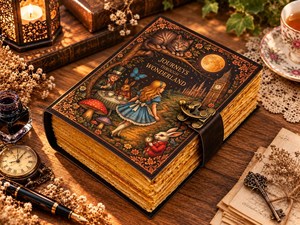 Grand Grimoire en Cuir Fait Main par Herb Heritage |   Carnet d'aventures fantastiques 200 pages |   Alice au pays des merveilles, sorcière céleste - Product Image 2