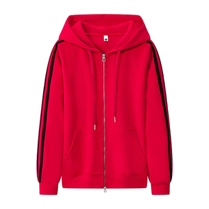 Sweat-shirt à capuche unisexe rouge, fermeture éclair, coupe classique, couleur unie, tissu French Terry, vêtement décontracté pour l'automne - Product Image 1
