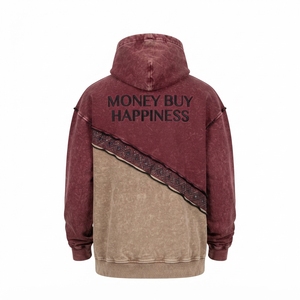 <b>Mens</b> <b>Burgundy</b> Beige Acid Wash <b>Hoodie</b> Rhinestone Trim Color Block Custom Streetwear Pullover Oversized Fashion Sweatshirt - Product Image 2