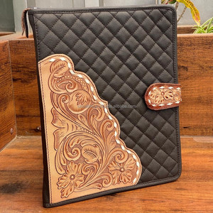 New Design Hand Tooled Quilted Leather Business Portable <b>A4</b> Size <b>Portfolio</b> <b>Folder</b> Custom Cowhide Leather Zippered 3 Ring Binders - Product Image 4