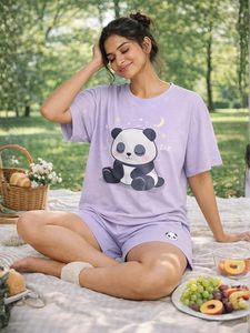 ชุดนอนผ้าฝ้ายสำหรับผู้หญิง เสื้อยืดพิมพ์ลายลาเวนเดอร์และกางเกงขาสั้น ชุดนอนฤดูร้อนเนื้อนุ่มใส่สบาย - Product Image 3
