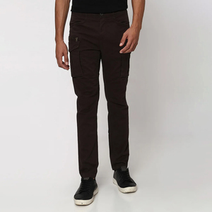 Pantalon cargo noir pour homme 100% coton toile coupe droite plusieurs poches décontracté automne taille élastique braguette boutonnée taille haute - Product Image 1