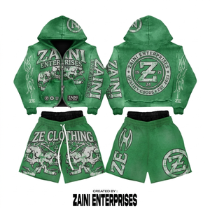 Premium 340g Polyester/Cotton Fleece Men's Winter Breathable Pullover Hoodie Short <b>Set</b> Solid Green Washed Front Logo Streetwear - Product Image 1
