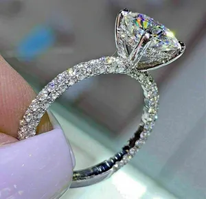 Round Cut Moissanite Engagement <b>Ring</b> <b>925</b> Sterling <b>Silver</b> Pave Band Solitaire <b>Ring</b> Luxury Diamond Look Bridal Jewelry - Product Image 3