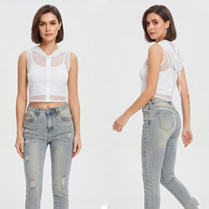 Top corto de malla sin mangas para mujer, con cremallera, transparente, estilo hoodie, ropa de discoteca para mujer, sudaderas transparentes para damas - Product Image 1