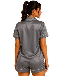 Conjunto de Pijama de Satén Gris Personalizado para Mujer, Ropa de Dormir de Seda con Bolsillo Bordado, Manga Corta, Suave, para Verano - Product Image 2