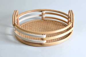 Premium Round Rattan Tray with Handles Decorative Cane Webbing Platter Modern White <b>Wrapped</b> Wicker for <b>Kitchen</b> and Dining - Product Image 2