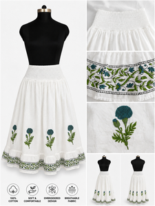 Falda larga de algodón floral verde azulado al por mayor, con cintura fruncida, estilo bohemio casual, estampado a mano, de la India - Product Image 3