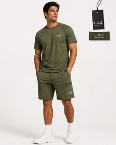 ชุดเสื้อยืดสีเบจ กางเกงขาสั้นสีน้ำตาล แบรนด์ LAZ INDUSTRIES สำหรับผู้ชาย คอกลม พิมพ์ลายดิจิทัล ผ้าถัก ระบายอากาศได้ดี ผ้าฝ้าย เหมาะสำหรับใส่ลำลองในฤดูร้อน - Product Image 5