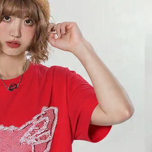 T-shirt femme à épaules tombantes, broderie effet usé, coupe ample style streetwear, col rond oversize pour l'été - Product Image 3