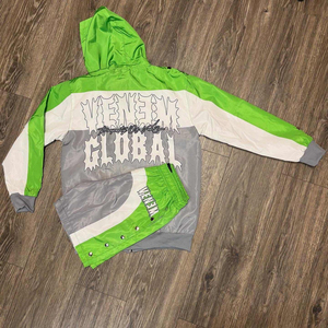 Custom <b>Men's</b> Color Block Nylon Windbreaker <b>Jacket</b> and Snap Button Shorts Set Full Zip Water Resistant Tracksuit - Product Image 3