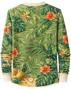 Chemise Henley pour homme à imprimé tropical vert olive et floral, manches longues, patte de boutonnage, style décontracté d'été, plage, légère et tendance - Product Image 2