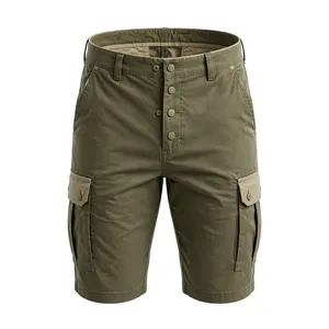 Shorts Cargo Décontractés Homme Grande Taille avec Logo Personnalisé, Taille Mi-Haute, Fermeture Boutonnée, Couleur Unie, en Tissu Denim et Toile Tissée Lavée, Longueur Bermuda - Product Image 1