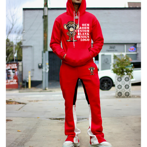 Ensemble de survêtement streetwear personnalisé délavé à l'acide avec fermeture éclair, appliqué brodé, pantalon évasé et sweat à capuche pour homme - Product Image 5