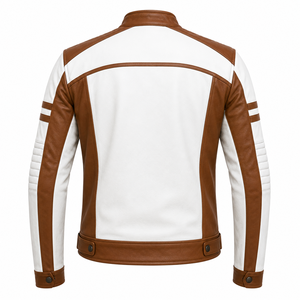<b>Men's</b> <b>White</b> Brown PU Leather Motorcycle <b>Jacket</b> Stand Collar Zipper Front Moto Biker Style Regular Fit - Product Image 2