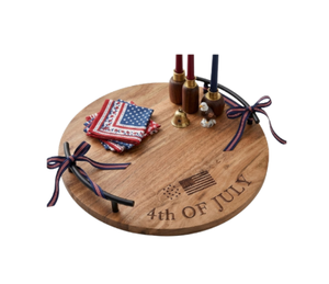 Bandeja Redonda de Madera con Asas Metálicas Grabada con el 4 de Julio para Fiestas del Día de la Independencia, Barbacoas, Entretenimiento en el Hogar, desde Vietnam - Product Image 1
