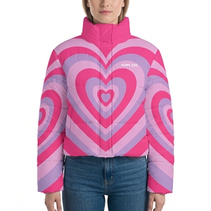 Chaqueta Acolchada con Capucha y Estampado de Corazones para Mujer, Abrigo de Invierno Acolchado, Sublimación Personalizada, Cálida, Acolchada, Estilo Casual para Exteriores - Product Image 1
