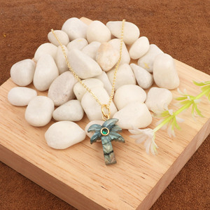 Natural Labradorite Carved <b>Palm</b> <b>Tree</b> <b>Necklace</b> Green Zircon Accent Gold Chain Adjustable Trendy Boho Tropical Jewelry Handmade - Product Image 4