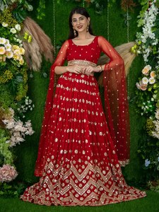 <b>Red</b> <b>Sequin</b> Embroidered Empire Waist A-Line Scoop Neck Solid Lehenga Choli Women Ethnic Dress Wedding Party Outfit - Product Image 1