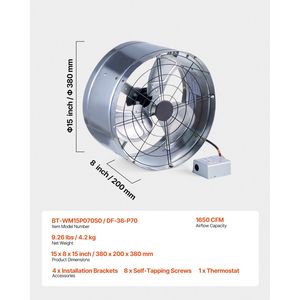 Ventilatore da Soffitta a Montaggio a Gable da 15 Pollici con Termostato Regolabile e Griglia Esterna, 1300 CFM, per Raffreddare Ambienti fino a 185 m³ - Product Image 2