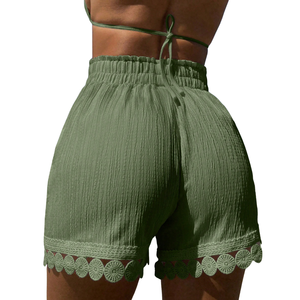 Shorts de plage décontractés pour femmes, taille haute, avec cordon de serrage, bordure en dentelle, légers, pour les vacances d'été, coupe décontractée, couleur vert olive - Product Image 2