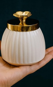 Metal Decorative Jar Golden Lid White <b>Ribbed</b> Storage Container Modern Design Wedding Occasion Flower Knob Home Tabletop Decor - Product Image 2