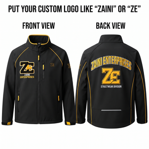 เสื้อแจ็คเก็ตโซฟต์เชลล์ ZAINI พรีเมียม 220 กรัม ผ้าโพลีเอสเตอร์ สีดำ-เหลือง ตัดต่อสีแบบคอนทราสต์ พร้อมฮู้ด ผลิตตามแบบ ODM - Product Image 1