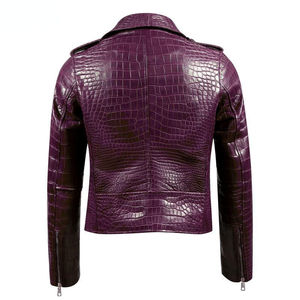 Blouson moto homme violet en cuir véritable respirant et écologique, gaufré à motifs, fermeture éclair, col rabattable, coupe ajustée - Product Image 3