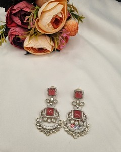 Lucentarts Jewellery Green Cat Eye Stone Chandbali <b>Earring</b> Square Crystal <b>Dangle</b> Traditional Indian For Bridal Jewelry Wholesale - Product Image 4