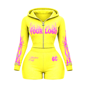 OEM Women <b>Velour</b> <b>Tracksuit</b> 2 Piece Crop Zip Up Hoodie and Shorts Custom Logo Streetwear Womens <b>Tracksuit</b> For Ladies Sweatsuit - Product Image 5
