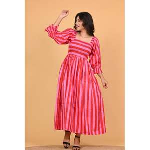 Robe maxi bohème rose rayée 100% coton écologique pour femmes, à manches bouffantes longues, pour les soirées d'été, faite à la main en Inde - Product Image 2