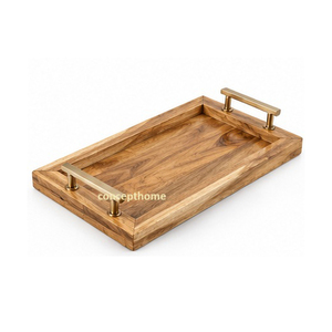 Bandeja de Servir Hecha a Mano de Madera con Asas de Latón, Acabado en Cuero, Duradera, Ecológica, de Grado Comercial para Uso en Restaurantes - Product Image 1