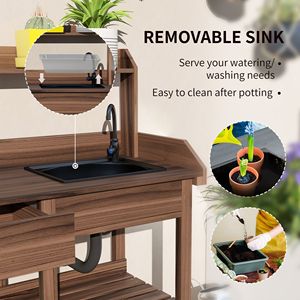 Dark Brown Wooden Potting Bench Table Removable Sink Faucet Drawer Outdoor Garden Work Station Featuring Iron <b>Shelves</b> <b>Hooks</b> Mall - Product Image 4