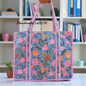 Indian Blue Quilted Cotton <b>Tote</b> <b>Bag</b> Ladies Customizable Eco-Friendly Vintage Canvas Handmade Fashion <b>Summer</b> - Product Image 4