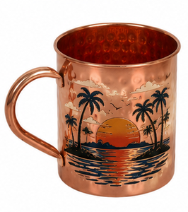 Handmade Hammered Copper Mug with Tropical <b>Leaves</b> Enamel Print Design | Botanical Moscow Mule Mug | Decorative Copper Drinkware - Product Image 5