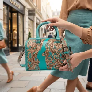 Vegan Leather Vintage Style Women's Hand Bag Embroidered Design Chains Decoration Two Straps Leather <b>Handbag</b> - Product Image 1