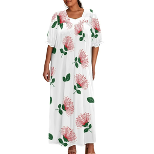 Robe longue personnalisée à manches bouffantes pour femme, motif fleurs hawaïennes Ohia Lehua Pohutukawa, idéale pour l'été, vente en gros, robes décontractées sur mesure - Product Image 2