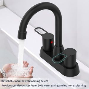 Rubinetto Moderno Nero Opaco a 2 Maniglie per Lavabo Bagno RV con Foro Singolo - Product Image 4