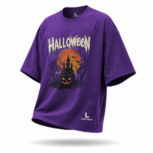 Men's Gothic Halloween T Shirt Purple Graphic Tee Pumpkin Castle Moon Bat Print Oversized Short Sleeve Cotton Casual Streetwear - Product Image 1