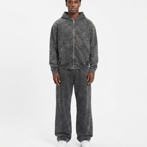 New <b>Retro</b> Autumn 100% Cotton Acid Washed Unisex <b>Tracksuits</b> for Men French Terry 2 Piece Set Hooded <b>Tracksuits</b> - Product Image 4