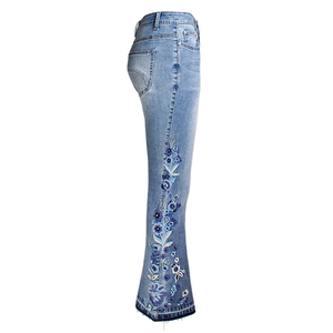 Jeans en denim évasé avec broderie personnalisée, ultra-doux, respirant, écologique, tissu de qualité supérieure pour femmes, séchage rapide, coton, taille haute - Product Image 3