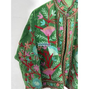 <b>Green</b> <b>Velvet</b> Embroidered Jacket Women Mandarin Collar Full Sleeve Floral Print Autumn Coat Polyester Lining Hand Embroidery - Product Image 3