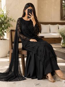 Black Embroidered Floor-Length <b>Kurta</b> Set With Net Dupatta <b>Women</b> Traditional Ethnic Indian Pakistani Party Wear Elegant Loose Fit - Product Image 2