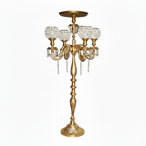 Factory Offer Gold <b>Candelabra</b> With Round Tray for Flowers/Decorative item Crystal Beaded Candle Holder Stand for Party & Wedding - Product Image 1