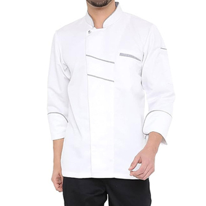 เสื้อเชฟแขนยาวสีขาวผ้าป๊อปลินติดกระดุมด้านหน้าสำหรับร้านอาหาร พร้อมรายละเอียดขอบสีเทา - Product Image 1