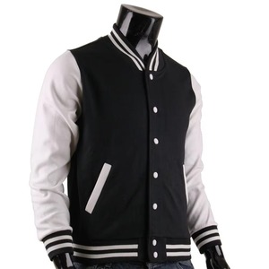 Men's Black And White Varsity <b>Jacket</b> Cotton Polyester Casual Turn-down Collar Regular Fit Autumn Wear - Product Image 4