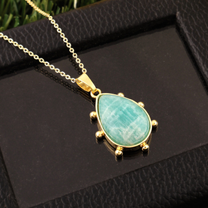 Custom design jewelry necklace natural amazonite cabochon stone teardrop pendant 18k gold plated <b>beaded</b> designer women necklaces - Product Image 2